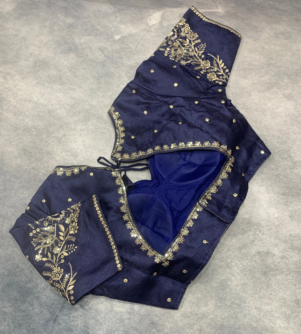 Ready-to-Wear Embroidered Silk Blouse - Navy Blue (Silver Embroidery)