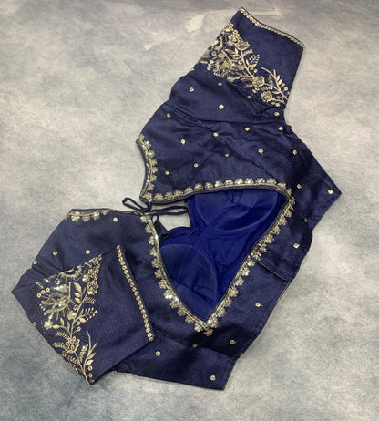Ready-to-Wear Embroidered Silk Blouse - Navy Blue (Silver Embroidery)