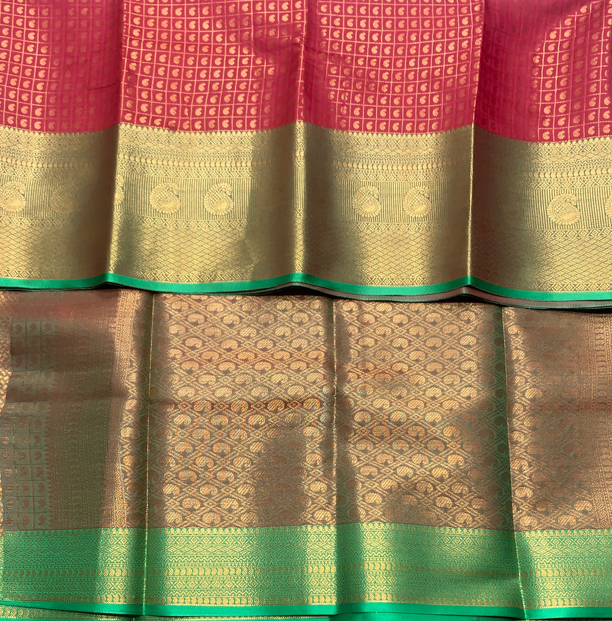 Kanchi Style Art Silk Saree – Maroon with Light Green Border and 1000 Butta