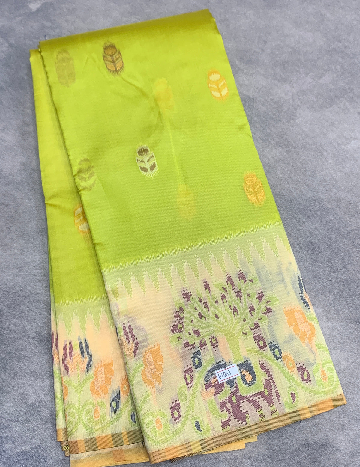 Apple Green Colour Satin Saree with Light Yellow Colour Ikat Border