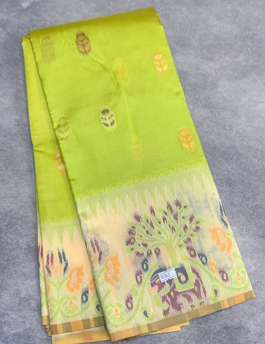 Apple Green Colour Satin Saree with Light Yellow Colour Ikat Border
