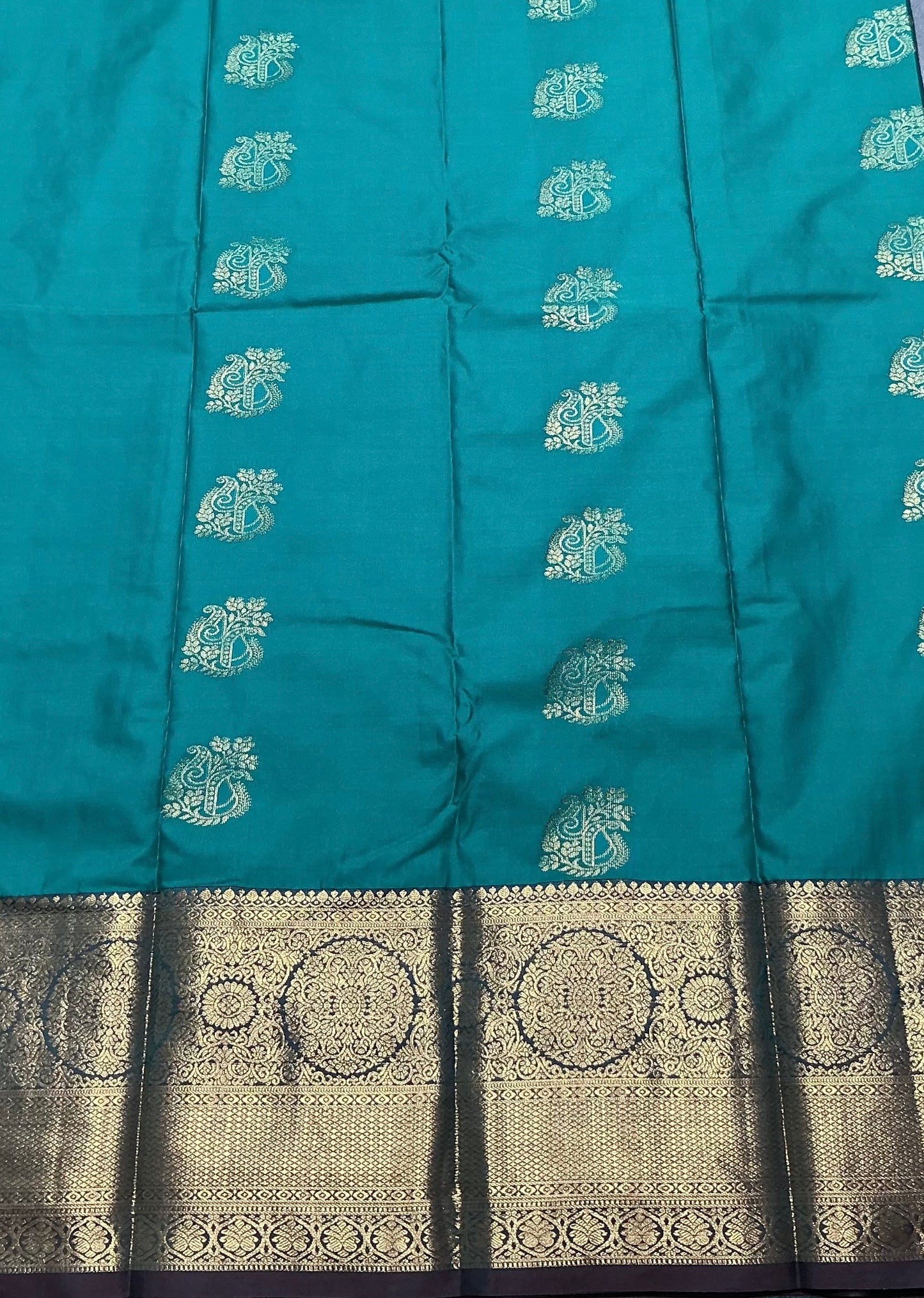 Rama Green Color Vegan Silk saree with Brown border