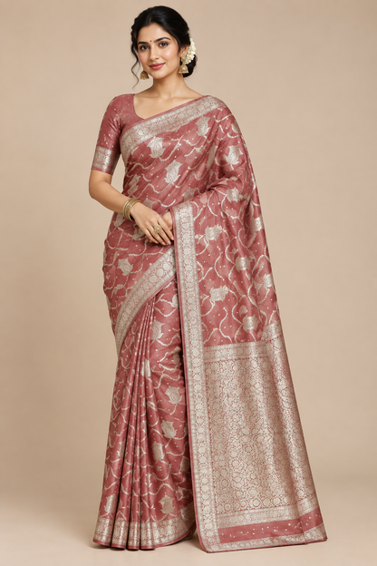 Katan Silk Saree Orange Colour with Silver Zari Border