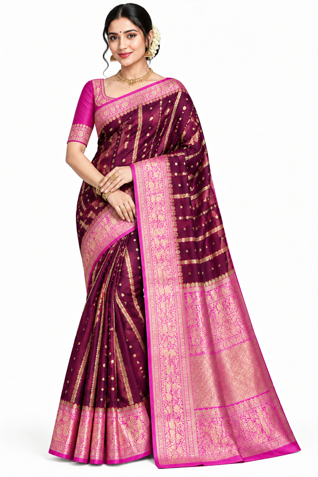 Magenta Colour Mysore Crepe Silk Saree with Pink Colour Border
