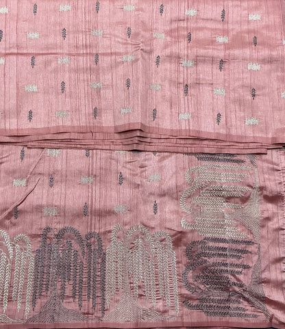 Peach Pink Tussar Saree with Embroidery Work Border