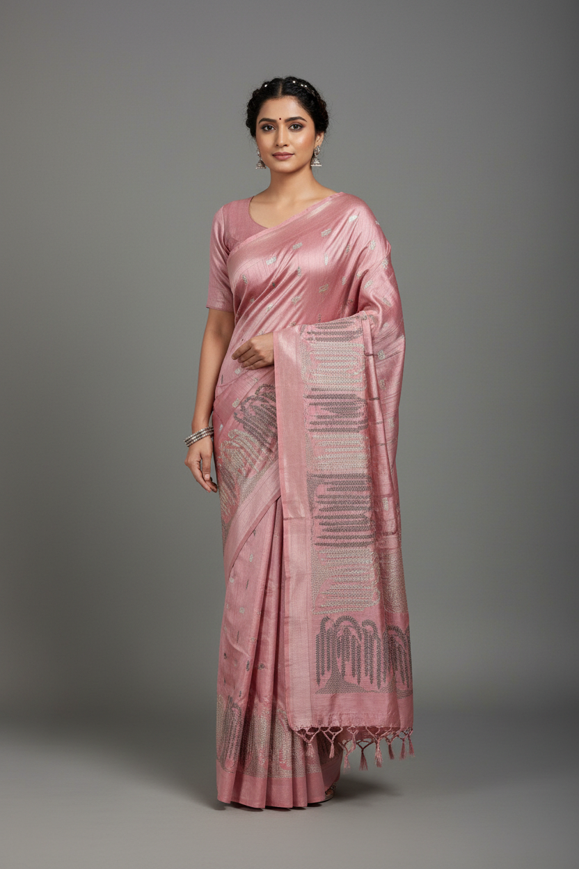 Peach Pink Tussar Saree with Embroidery Work Border