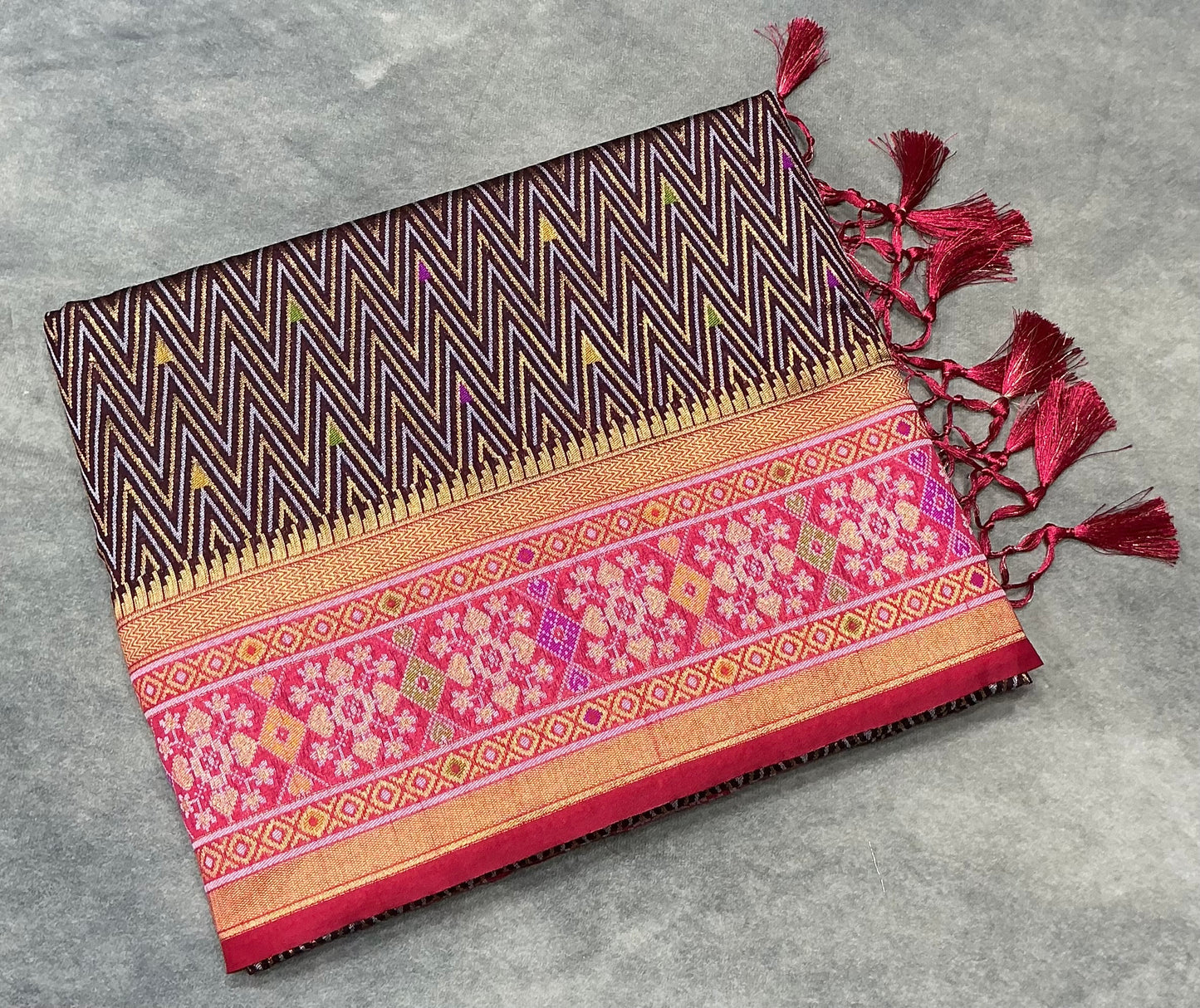 Dark Brown Shade Vegan Ikat Silk saree