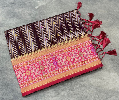 Dark Brown Shade Vegan Ikat Silk saree