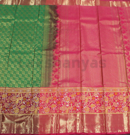 Green Semi Silk saree with Rettai pettu Pink border