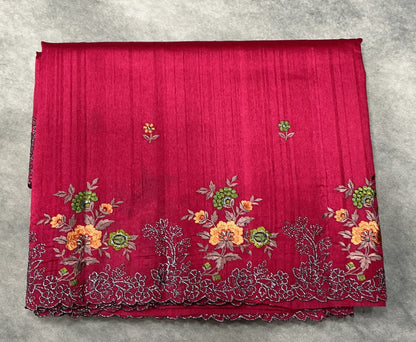 Dark Pink Color Tussar Saree with Embroidered Border
