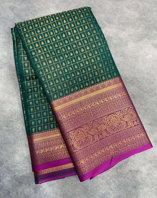 Green Colour Kanchi Style Art Silk Saree with Magenta Border and 1000 Butta