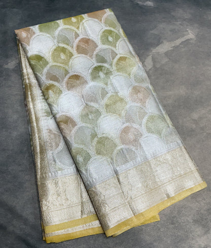 Katan Tissue Semi Silk Saree Multicolour Pastel with Yellow Colour Border