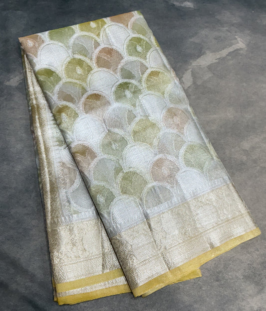 Katan Tissue Semi Silk Saree Multicolour Pastel with Yellow Colour Border