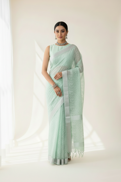 Silk Cotton Saree Sapphire Color with Silver Zari Border