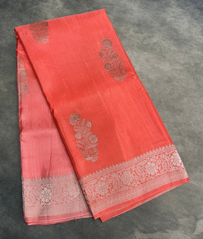 Semi Banarasi Saree Peachish Orange Color with Silver Zari Design Border