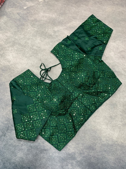Ready-to-Wear Embroidered Silk Blouse - Green (Silver Embroidery)