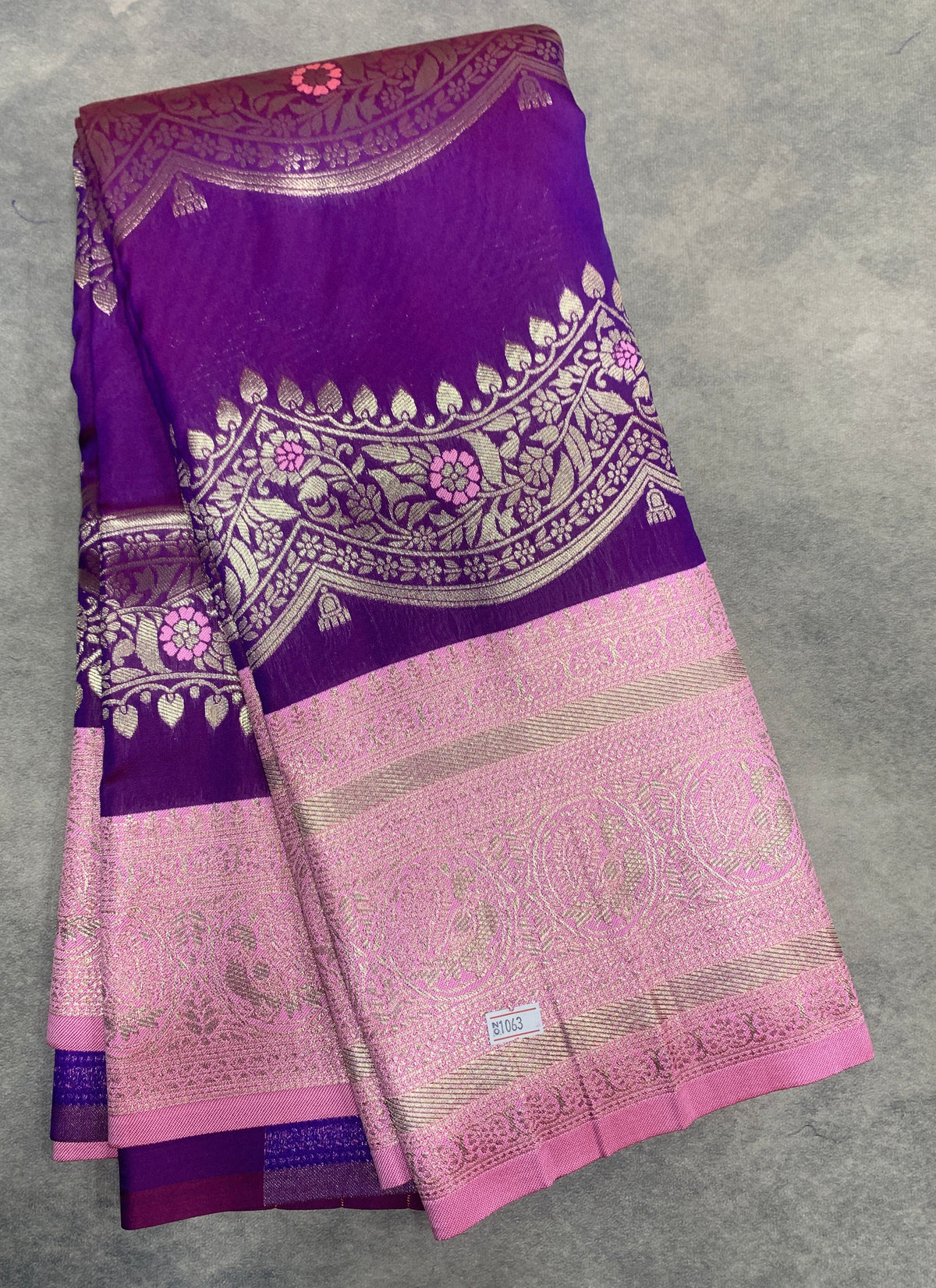 Purple Colour Satin Saree with Light Lavender Colour Ikat Border