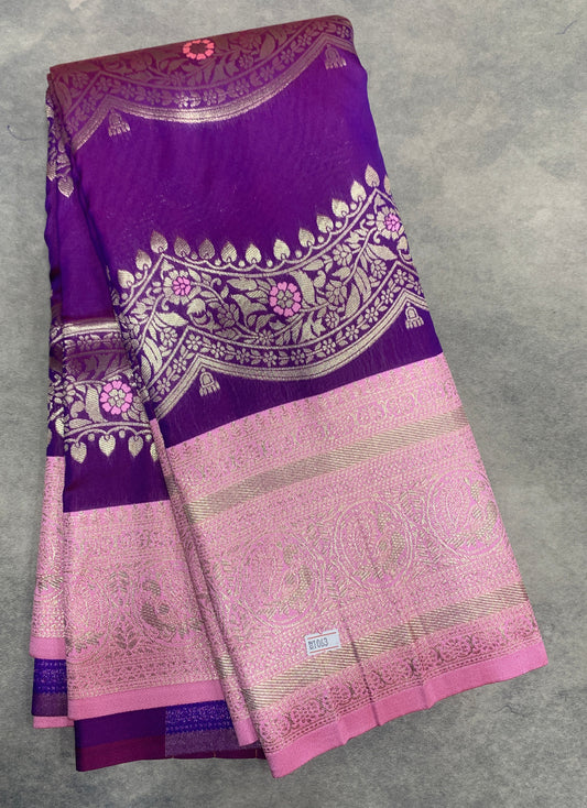 Purple Colour Satin Saree with Light Lavender Colour Ikat Border