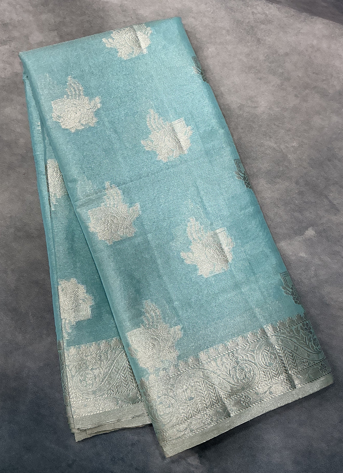 Katan Silk Saree Sky Blue Colour with Silver Zari Border