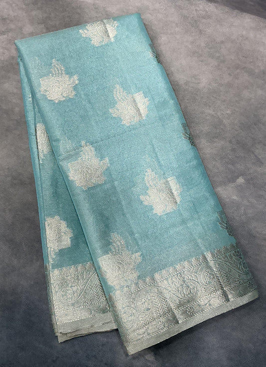 Katan Silk Saree Sky Blue Colour with Silver Zari Border