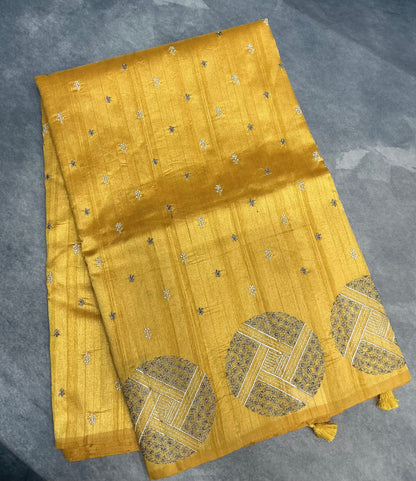 Mustard Yellow Tussar Saree with Embroidery Work Border