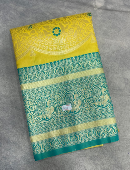 Yellow Colour Satin Saree with Green Colour Ikat Border