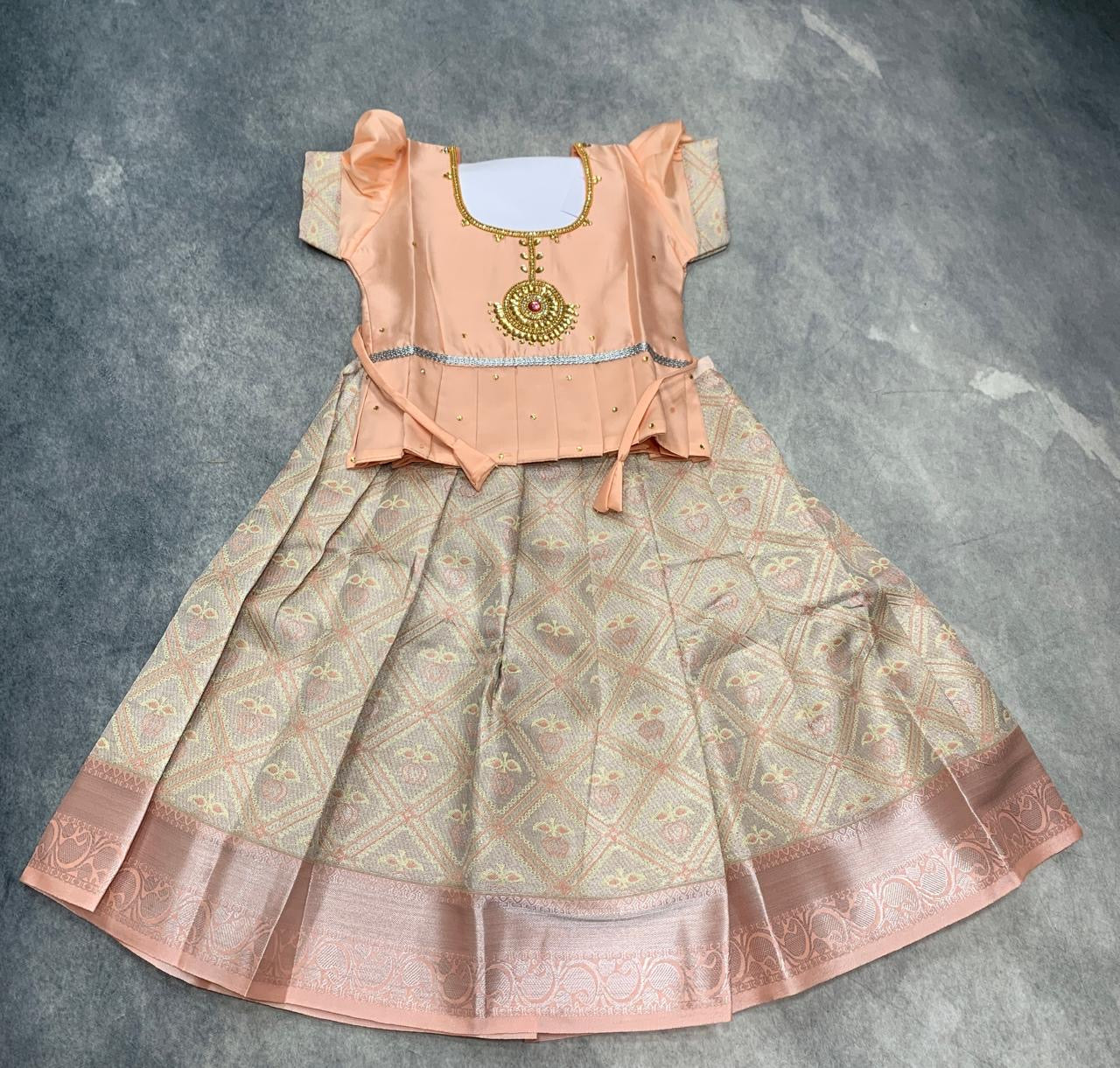 Ready To Wear Pavadai Beige Colour with Peach Colour Blouse