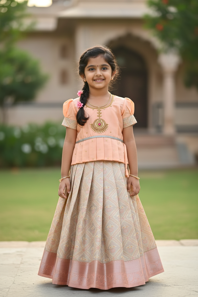 Ready To Wear Pavadai Beige Colour with Peach Colour Blouse