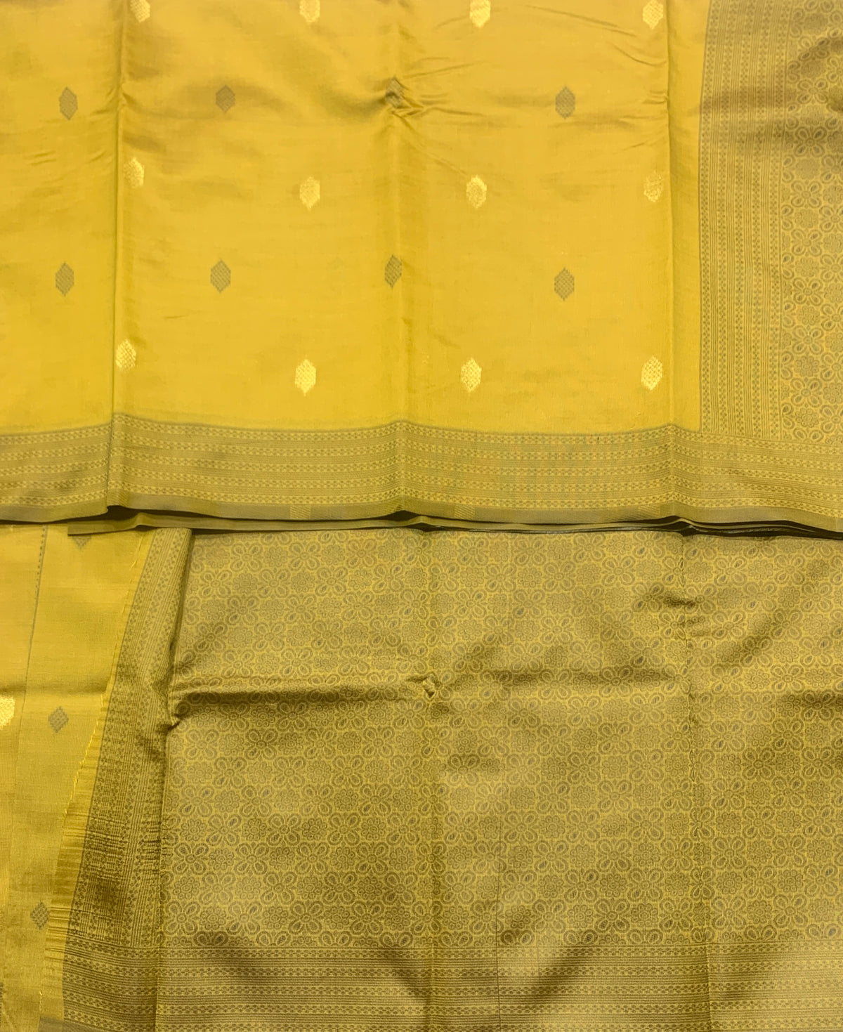 Mustard Colour Semi Soft Silk Saree with Butta and Silver Zari Border