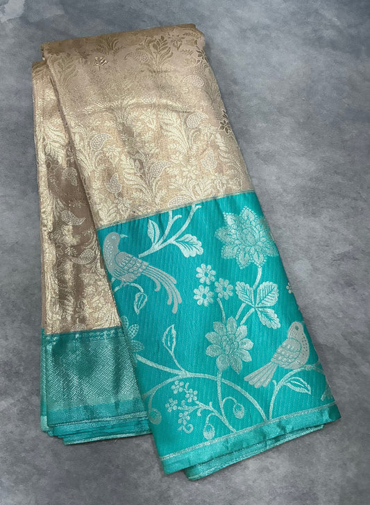 Sandal Color Tissue Saree with Contrast Green Color Border
