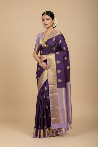 Deep Plum Colour Kanjivaram Silk Saree with Lavender Colour Border