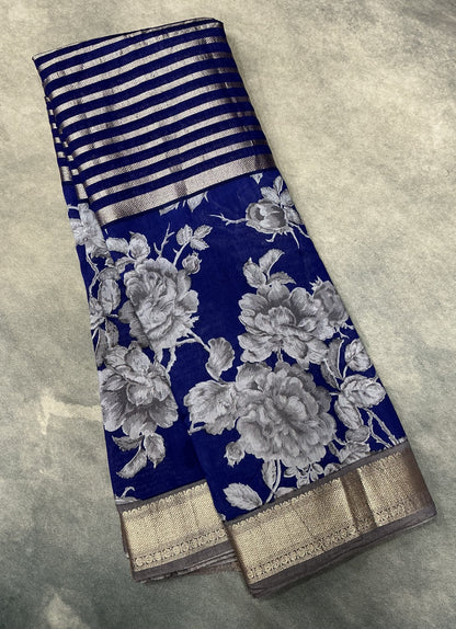 Semi Crepe Silk Saree - Blue Color