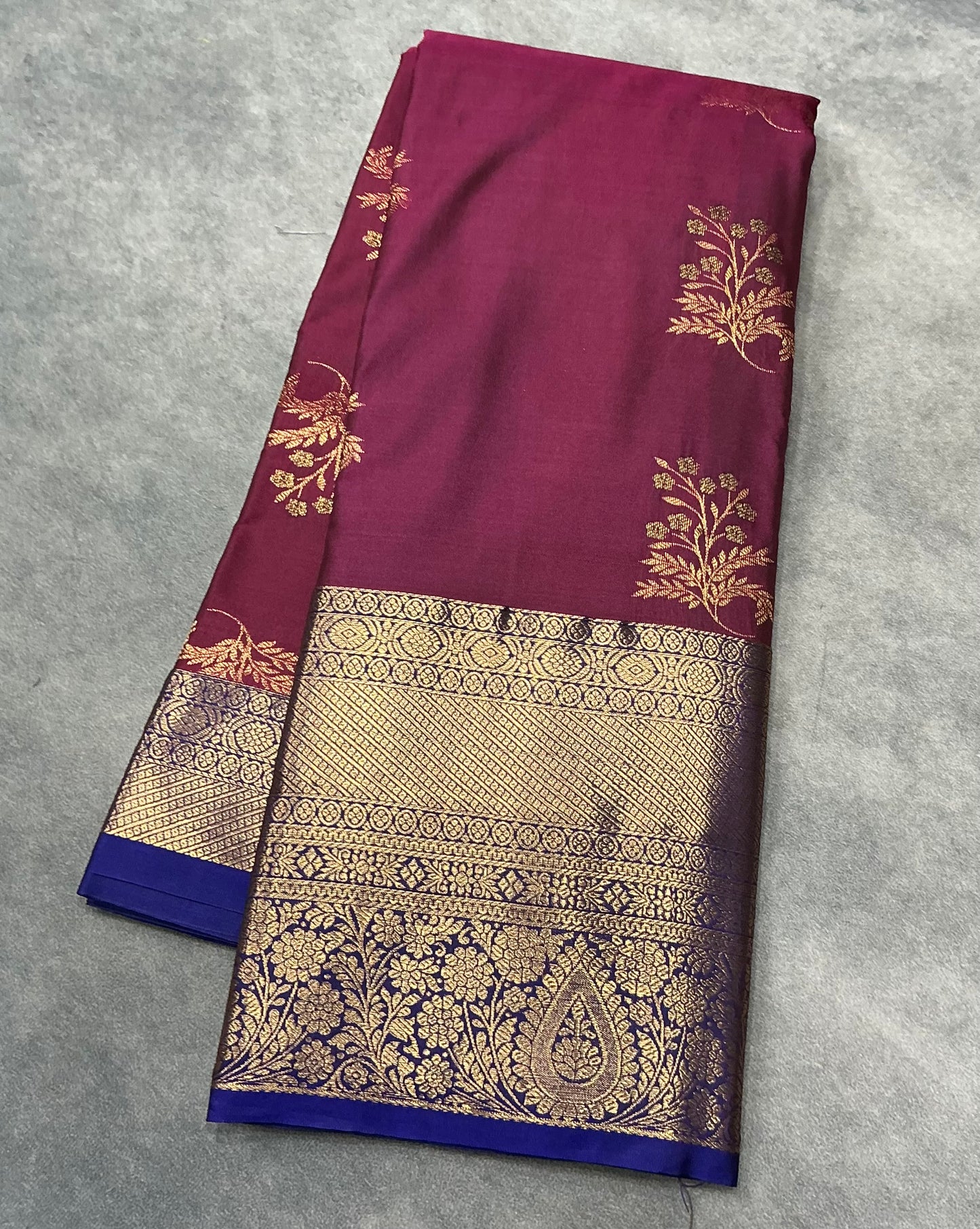 Maroon Color Vegan Silk saree with Blue Color with Floral Design border