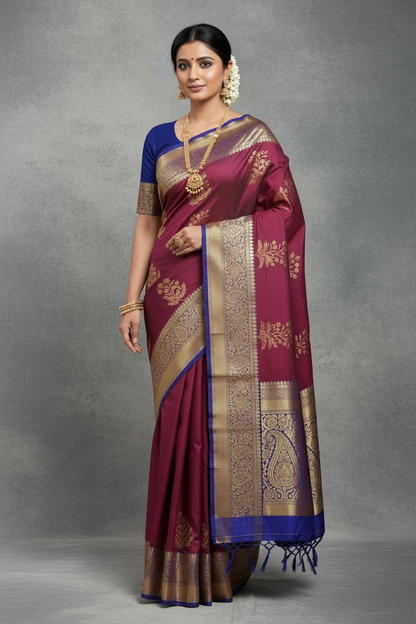 Maroon Color Vegan Silk saree with Blue Color with Floral Design border