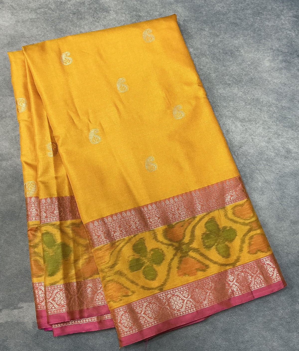 Mango Yellow Colour Soft Silk Saree with Pink Colour Ikat Border