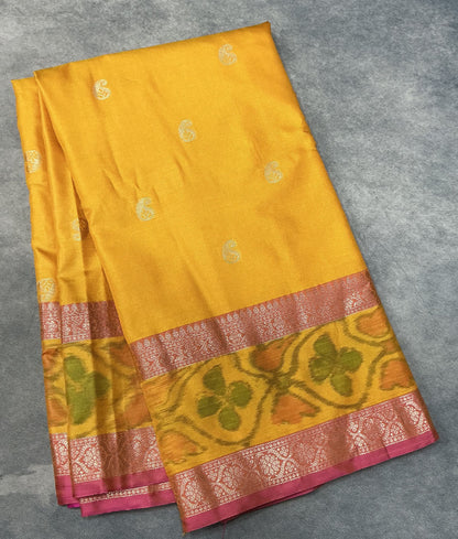 Mango Yellow Colour Soft Silk Saree with Pink Colour Ikat Border