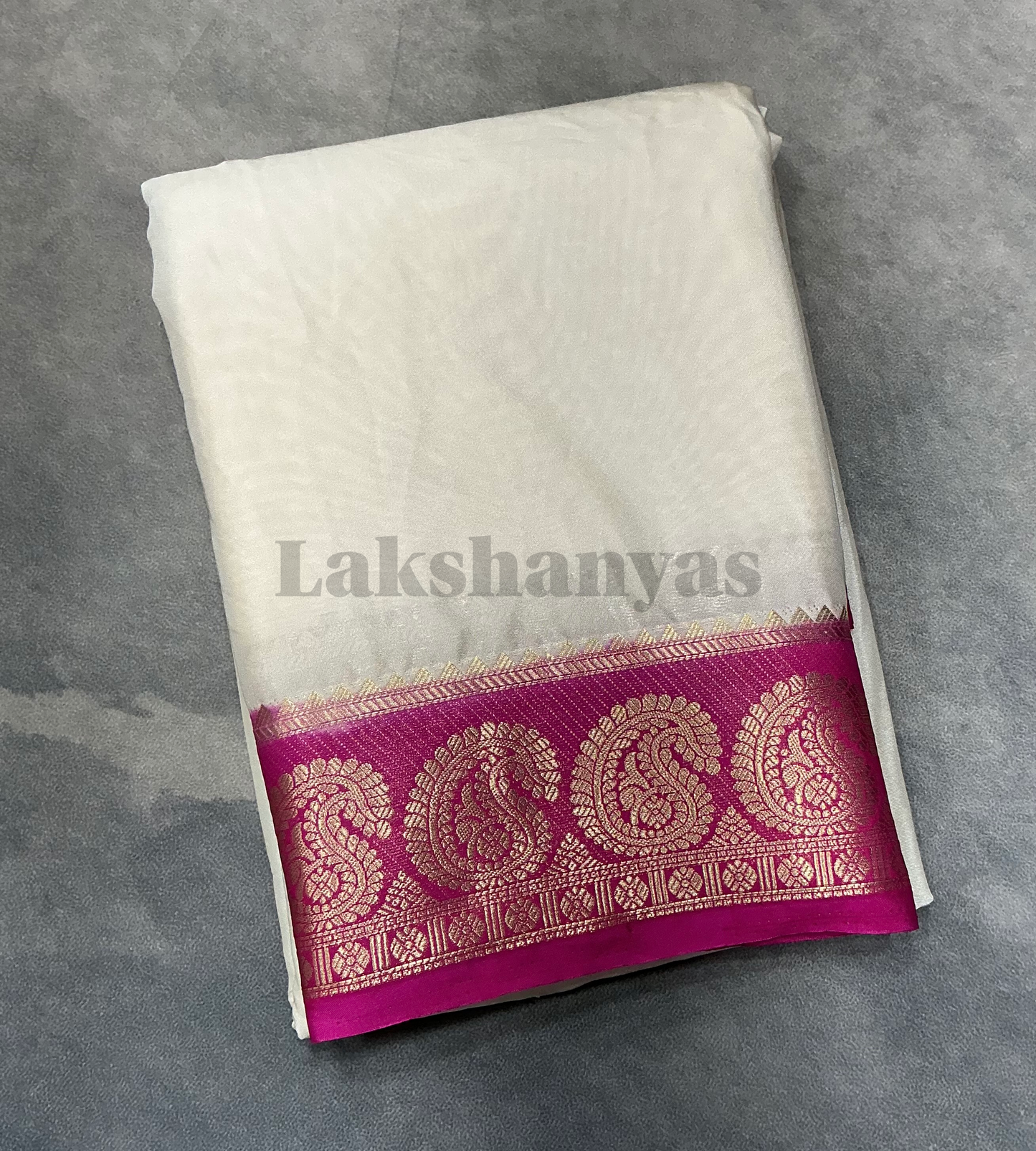 Ivory Colour Mysore Crepe Saree with Pink Mango Border