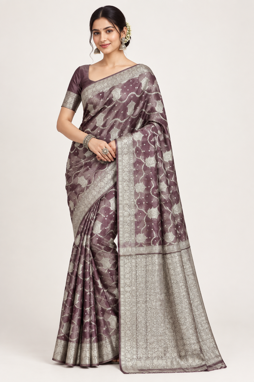 Katan Silk Saree Maroon Colour with Silver Zari Border