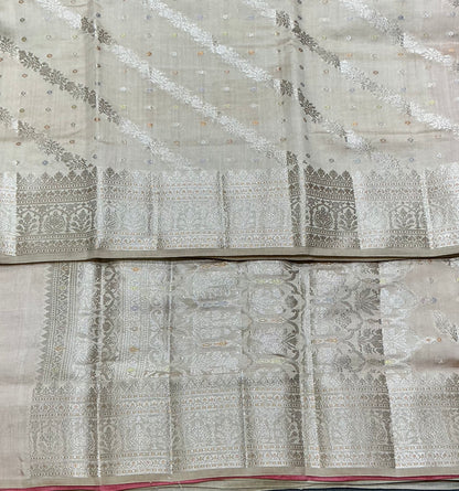 Semi Tussar Silk Saree Tussar Colour with Silver Zari Border