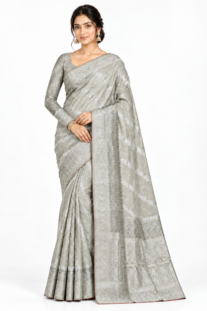 Semi Tussar Silk Saree Tussar Colour with Silver Zari Border