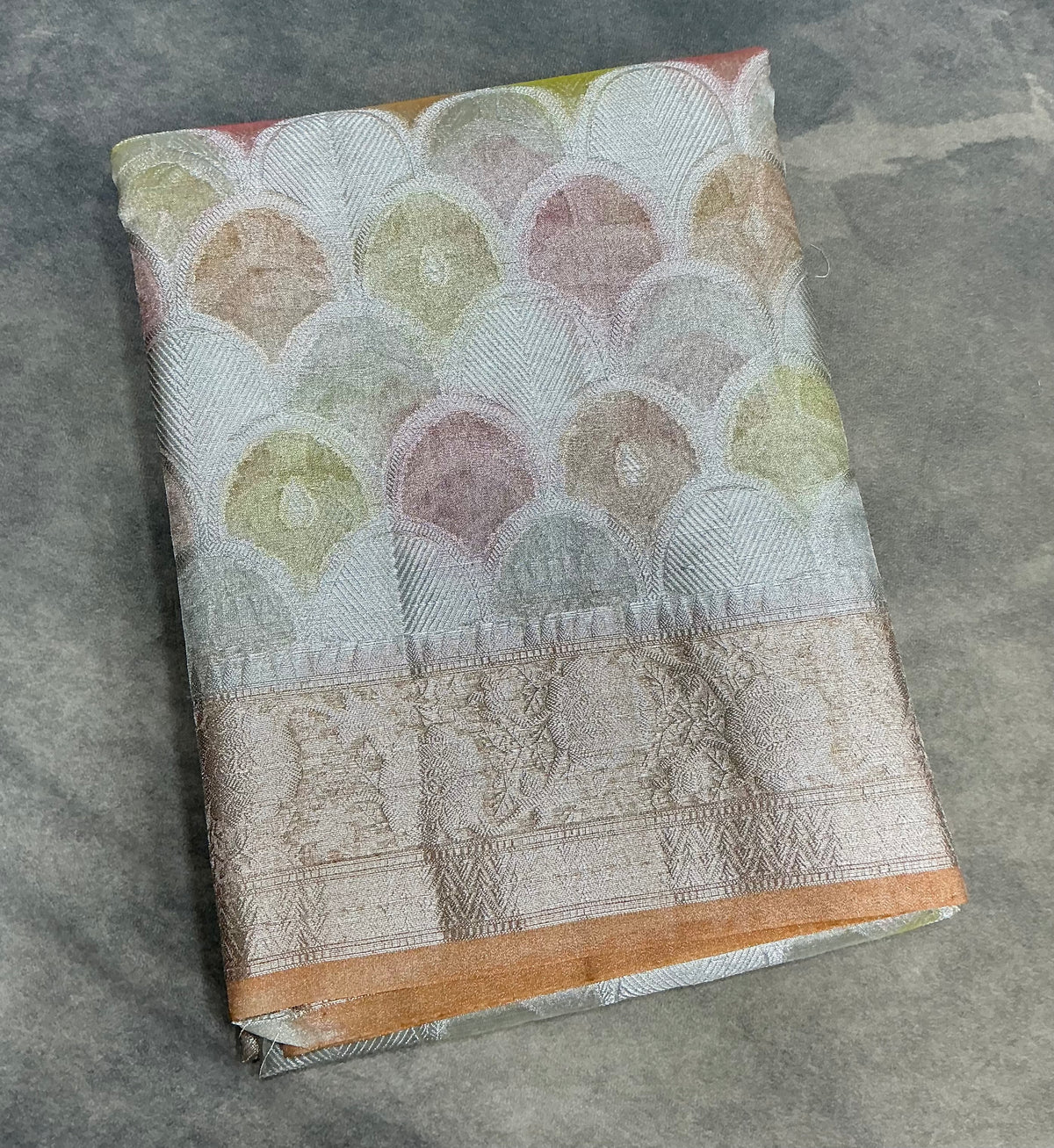 Katan Tissue Semi Silk Saree Multicolour Pastel with Rust Orange Colour Border