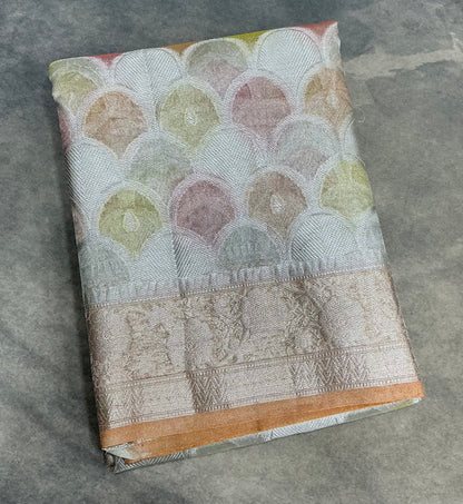 Katan Tissue Semi Silk Saree Multicolour Pastel with Rust Orange Colour Border