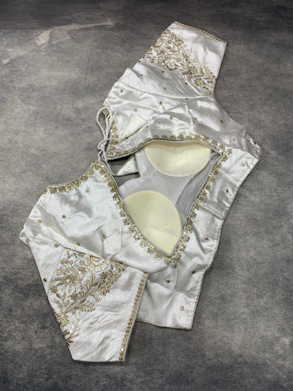 Ready-to-Wear Embroidered Silk Blouse - White, Silver Embroidery (Style 2)