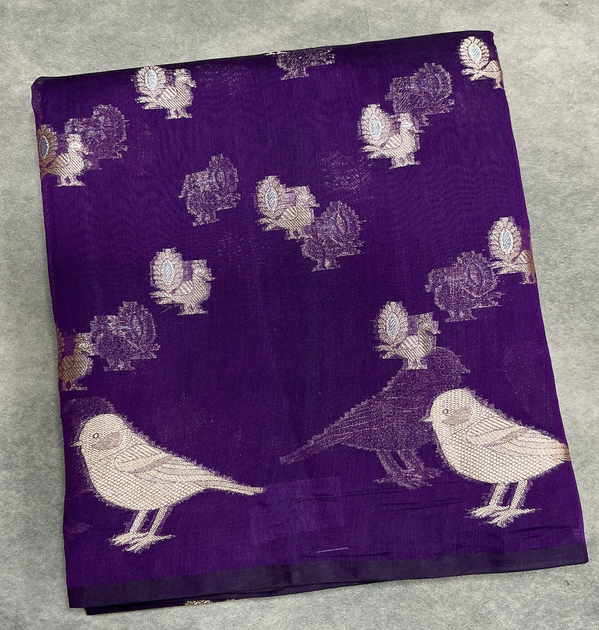 Silk Cotton Saree Violet Colour with Peacock and Sparrow Butta