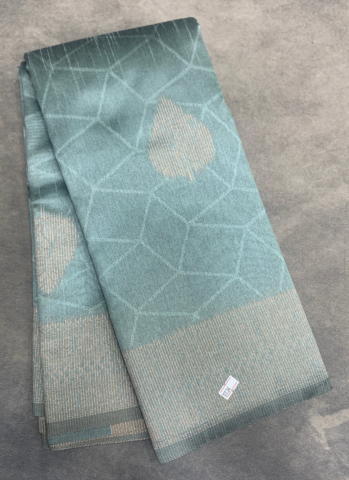 Jute Silk Saree – Greyish Green with Leaf Butta and Zari Border