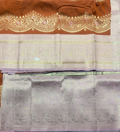 Brown Colour Satin Saree with Light Lavender Colour Ikat Border