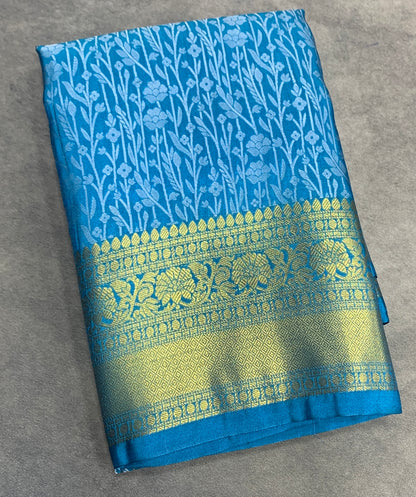 Blue Colour Semi Silk Saree with Golden Zari Border