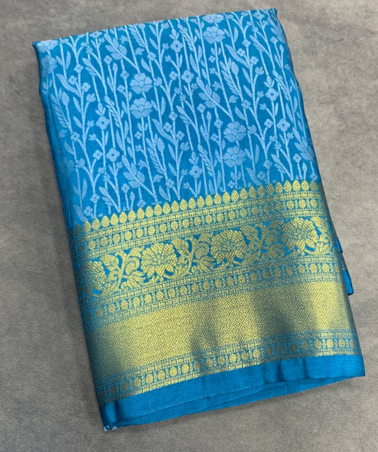 Blue Colour Semi Silk Saree with Golden Zari Border