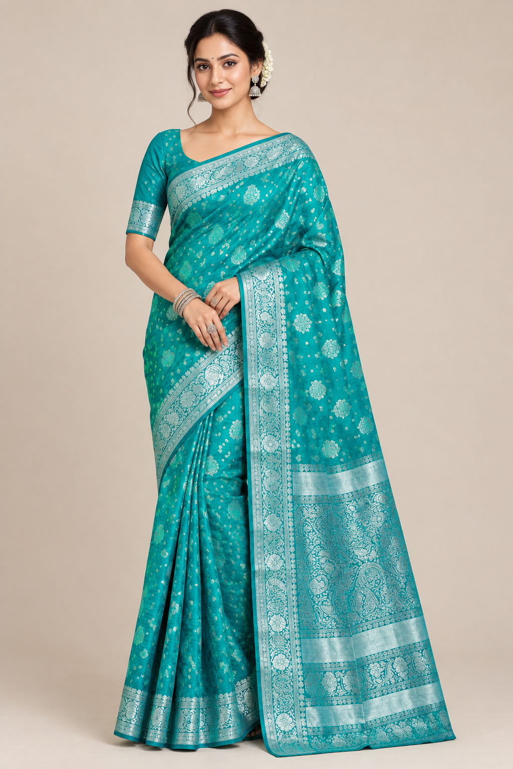 Rama Green Colour Semi Tussar Saree with Zari Border