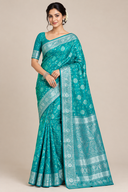 Rama Green Colour Semi Tussar Saree with Zari Border